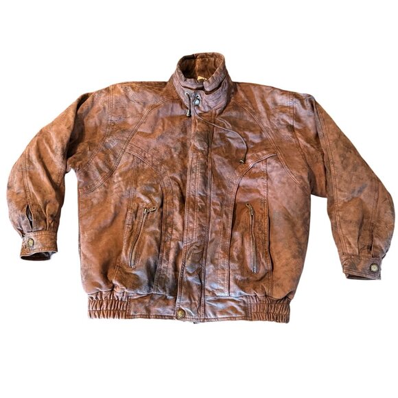 Vintage‎ Royal Fashions Brown Leather Bomber Jacket L - Picture 1 of 14